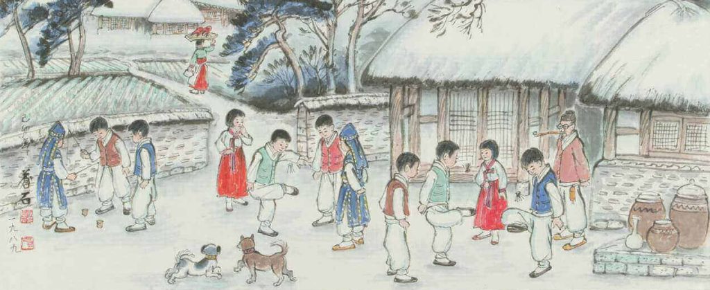 Dessin d'enfants jouant a des jeux traditionnel coréen